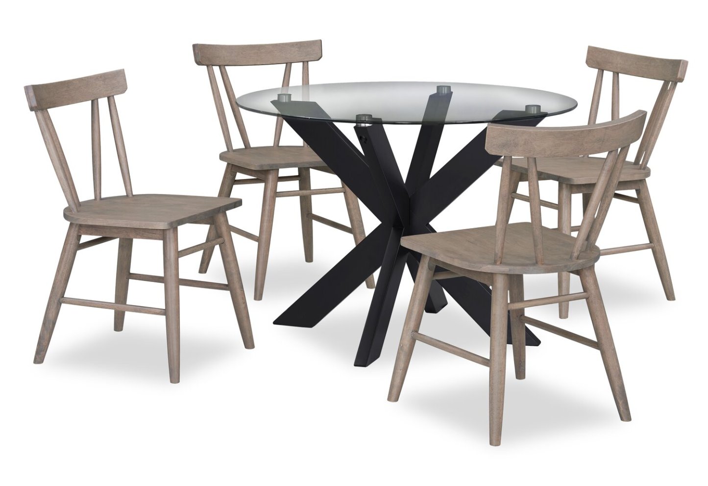 Remi 5pc Dining Set with Table & 4 Slat-Back Chairs, Glass & Wood, 42W Round- Black & Brown | Ensemble de salle à manger Remi 5 pièces en verre et bois avec table ronde de 42 po (L) et 4 chaises à dossier à lattes - noir et brun
