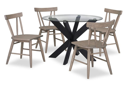 Remi 5pc Dining Set with Table & 4 Slat-Back Chairs, Glass & Wood, 42W Round- Black & Brown | Ensemble de salle à manger Remi 5 pièces en verre et bois avec table ronde de 42 po (L) et 4 chaises à dossier à lattes - noir et brun