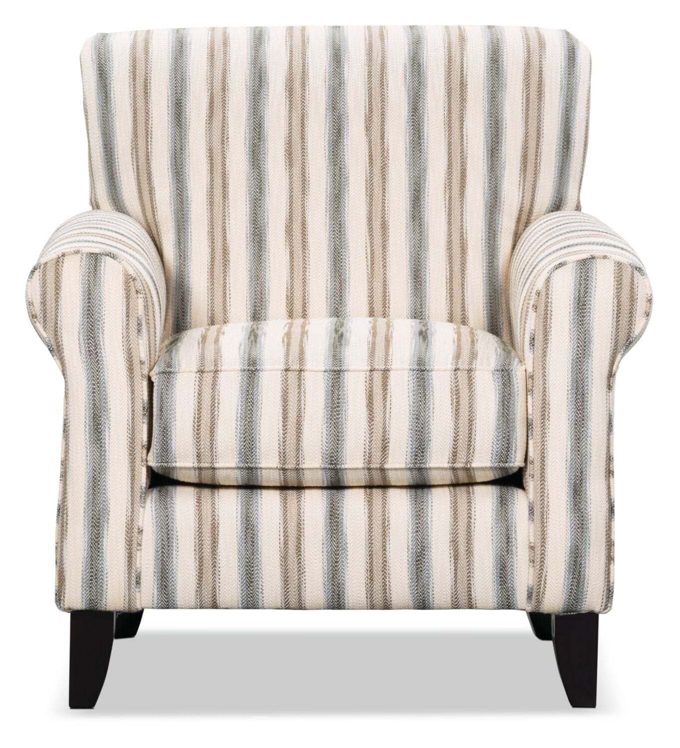 Fauteuil d’appoint Wynn de 36 po fabriqué au Canada en tissu d’apparence lin avec accoudoirs enroulés et pattes en bois - rayures multicolores