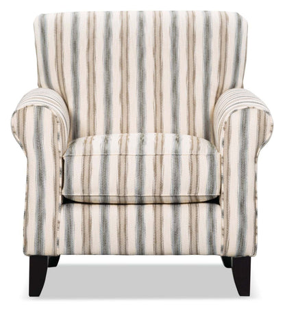 Fauteuil d’appoint Wynn de 36 po fabriqué au Canada en tissu d’apparence lin avec accoudoirs enroulés et pattes en bois - rayures multicolores