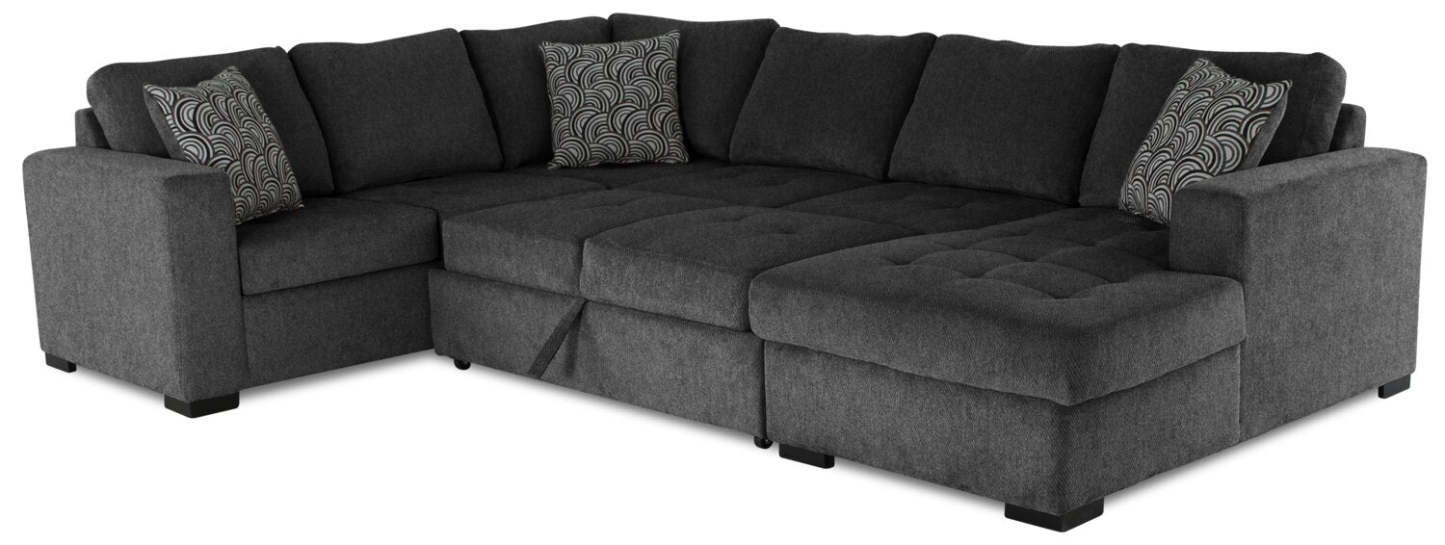 Made in Canada Legend 4-Piece Right-Facing Chenille Fabric Sleeper Sectional with Storage Chaise - Pepper Grey | Canapé-lit sectionnel de droite Legend 4 pièces fabriqué au Canada en tissu de chenille avec chaise longue de rangement - gris poivre