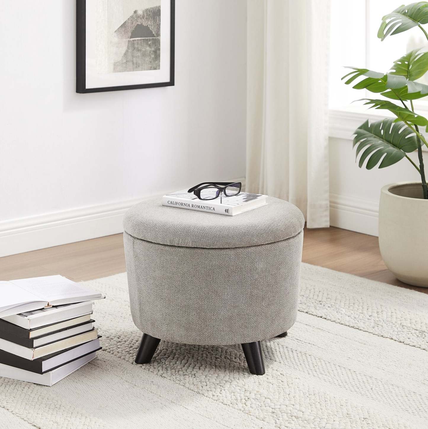 Pouf de rangement rond Winnipeg de 17,5 po en tissu - gris