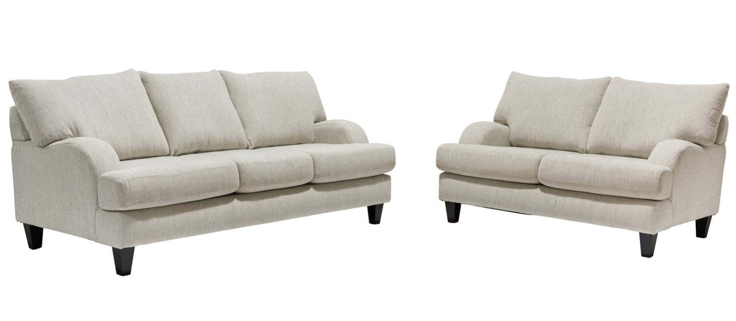 Fabriqué au Canada, causeuse Nofia de 58 po en tissu de chenille avec 2 coussins décoratifs et pattes en bois - lin beige