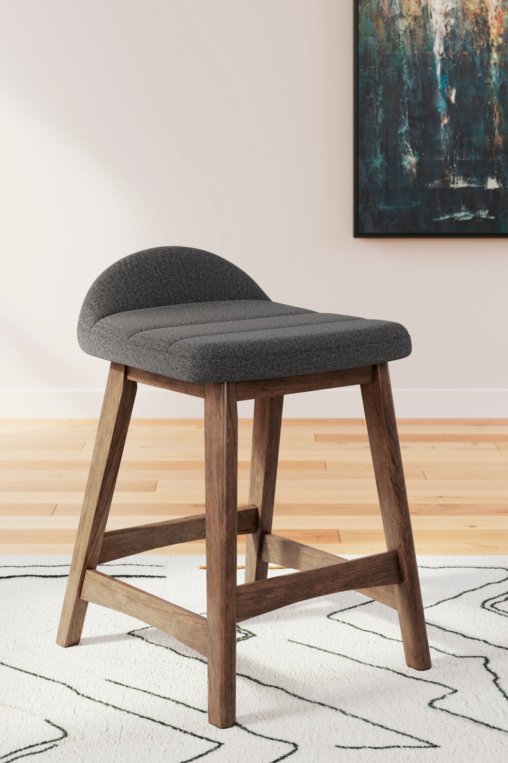 Tabouret à hauteur de comptoir Jovi avec tissu d'apparence lin, Bois - Charbon | Tabouret Jovi de hauteur comptoir en tissu d'apparence lin et en bois - anthracite