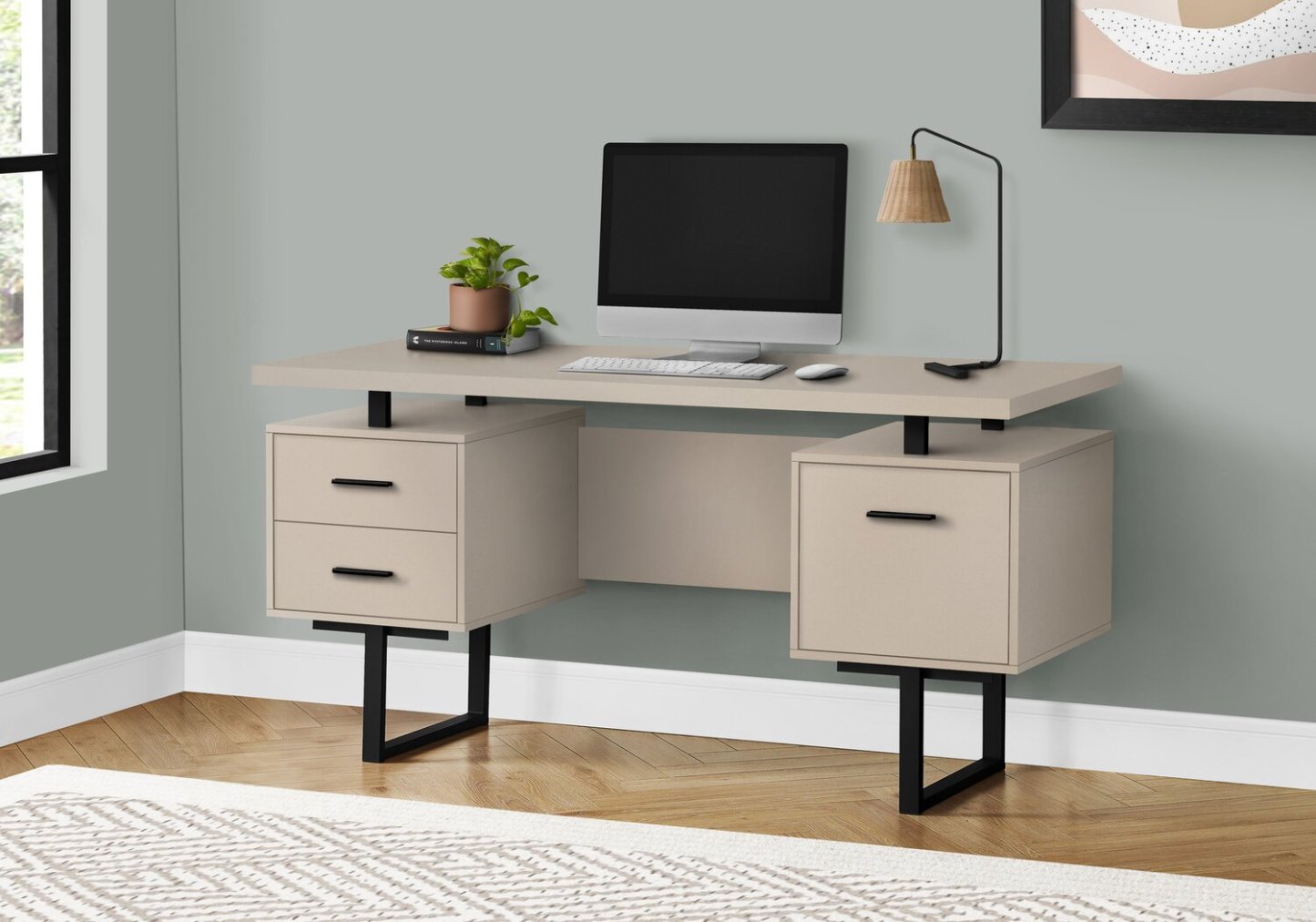 Bureau réversible Teagan 60 à 3 tiroirs - Taupe clair|Bureau réversible Teagan de 60 po à 3 tiroirs - taupe clair