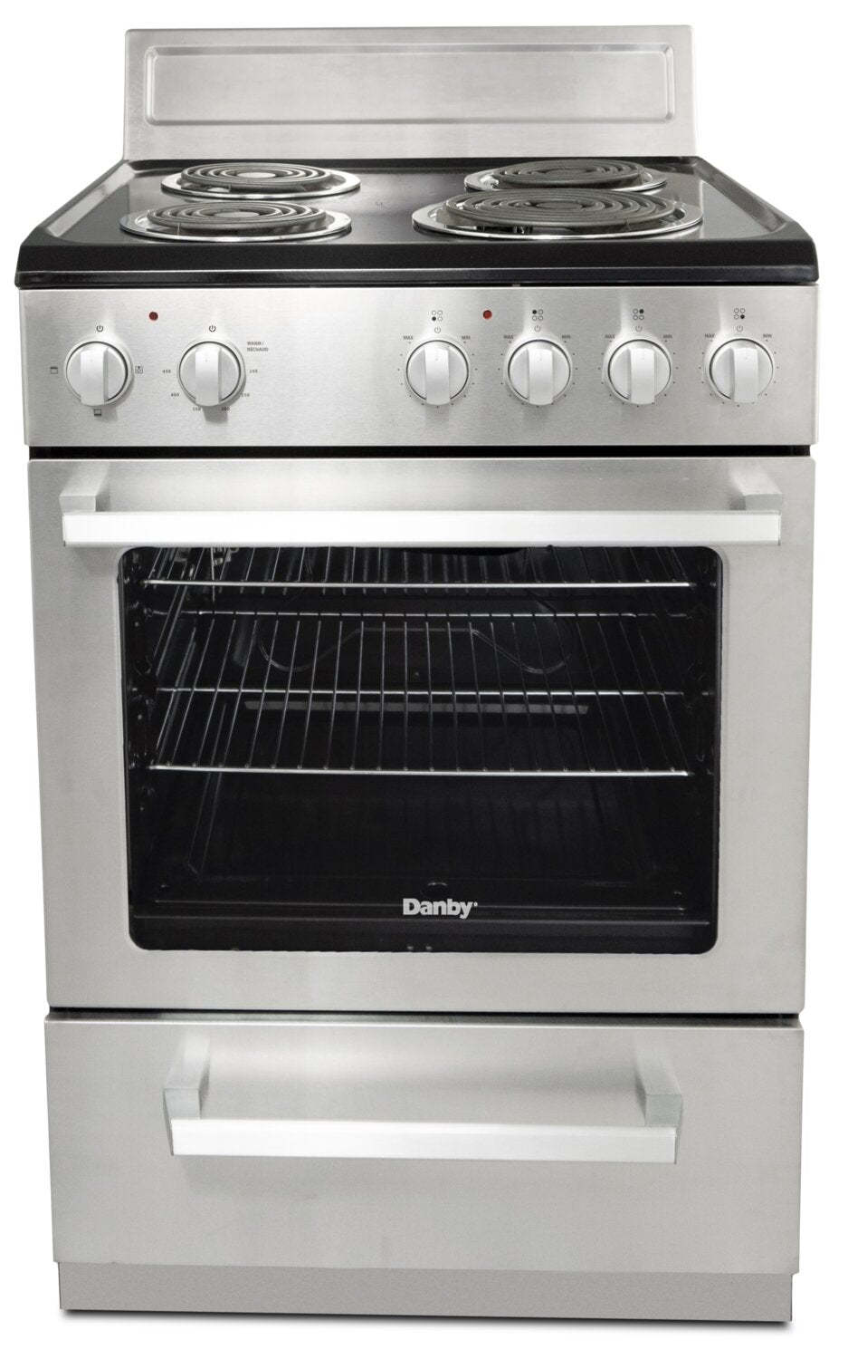 Cuisinière électrique Danby de 2,5 pi³ avec largeur compacte de 24 po et 4 brûleurs - acier inoxydable - DERM240BSS… | Cuisinière électrique Danby de 2,5 pi³ de largeur compacte de 24 po et à 4 brûleurs - acier inoxydable…