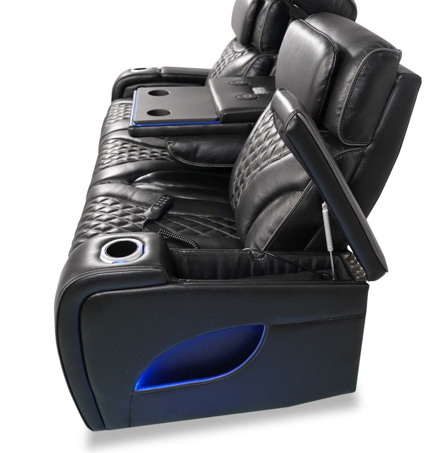Sofa de massage à inclinaison électrique Elite de 86 po en cuir véritable avec appuie-têtes électriques et accoudoirs de rangement - noir
