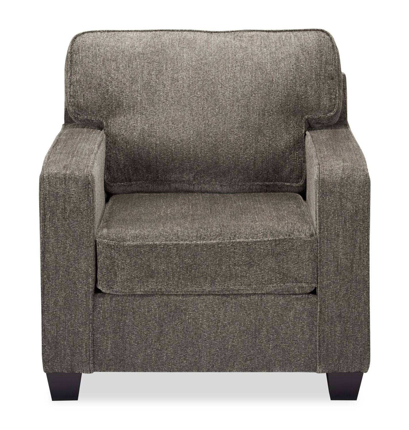 Made in Canada Lennox 35 Chenille Fabric Chair with Reversible Cushions and Track Arms - Grey | Fauteuil Lennox de 35 po fabriqué au Canada en tissu de chenille avec coussins réversibles et accoudoirs rectilignes - gris