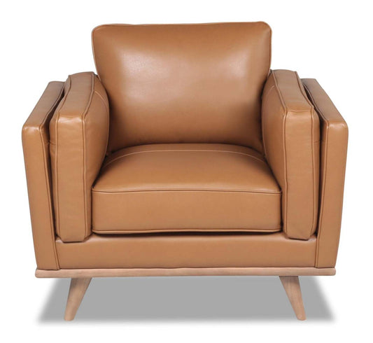 Chaise Vivia 40 en cuir véritable avec coussin de siège amovible et base en bois - Brun caramel | Fauteuil Vivia de 40 po en cuir avec coussin de siège amovible et base en bois véritable - brun caramel