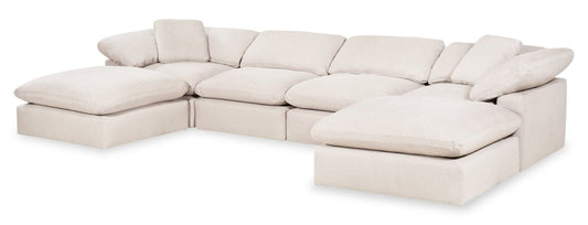 Eclipse Modular 6-Piece Linen-Look Fabric Sectional with Ottomans and Reversible Feather Down Cushions - Linen White | Canapé sectionnel modulaire Eclipse 6 pièces en tissu d’apparence lin avec poufs et coussins réversibles en duvet et plumes - blanc lin