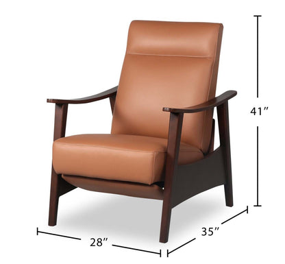Aydin 27.5 Fauteuil d’appoint à inclinaison par poussée en cuir véritable avec accoudoirs et pattes en bois - orange chameau