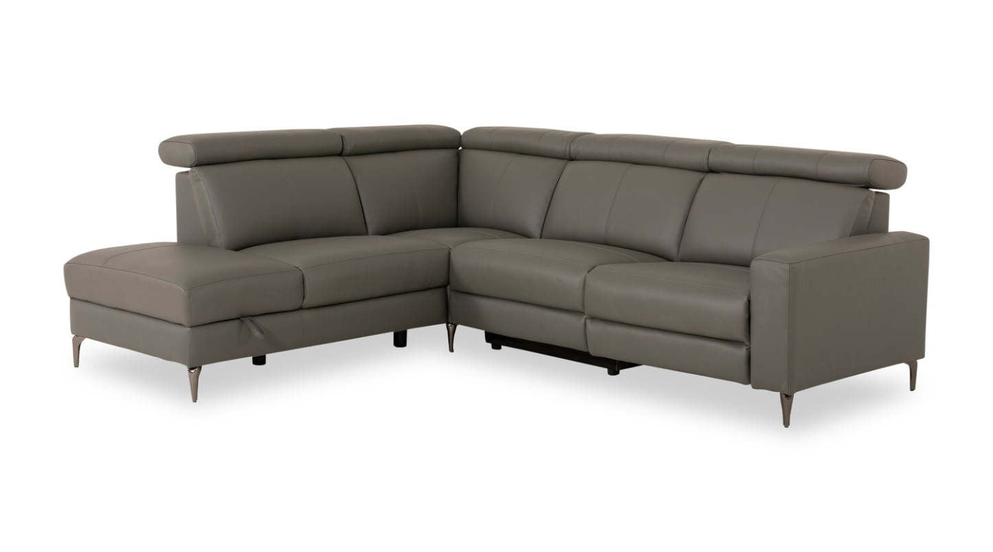 Sofa sectionnel de gauche à inclinaison électrique Valentino 3 pièces en cuir véritable avec appuie-têtes réglables - gris