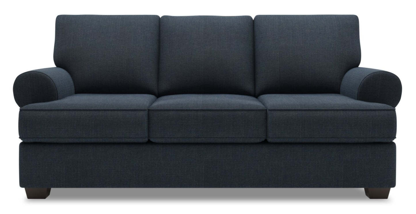 Fabriqué au Canada Canapé Personnalisable Roll 86 en Tissu d'Aspect Lin avec Accoudoirs Roulés - Bleu Marin Luna | Canapé Roll de Sofa Lab de 86 po fabriqué au Canada en tissu d’apparence lin avec accoudoirs enroulés - bleu Marin Luna | RO102491
