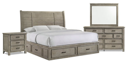 Levi 6pc Bedroom Set with Storage Bed, Dresser, Mirror & Nightstand, Wooden, Drift Grey - King Size | Ensemble de chambre à coucher Levi 6 pièces en bois avec lit de rangement, commode, miroir et table de nuit, gris bois de grève - format très grand lit