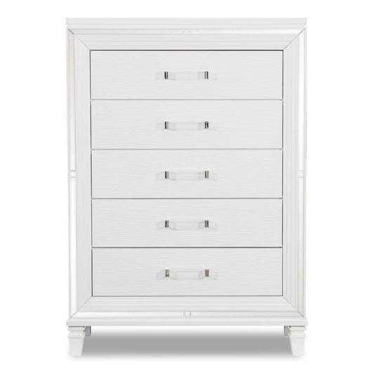 Commode de chambre Max, 5 tiroirs, 38 L x 54,3 H, Glam - Blanc | Commode verticale somptueuse Max de 38 po (L) x 54,3 po (H) à 5 tiroirs pour la chambre à coucher - blanche