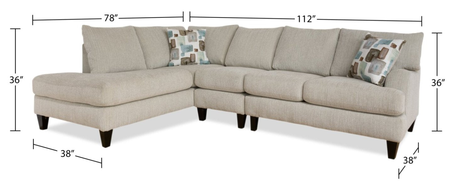 Fabriqué au Canada Sofa sectionnel de gauche Nofia 3 pièces en tissu chenille avec coussins décoratifs et pieds en bois - Beige lin | Canapé sectionnel Nofia 3 pièces orienté à gauche en tissu chenille avec coussins décoratifs et pieds en bois - lin beige
