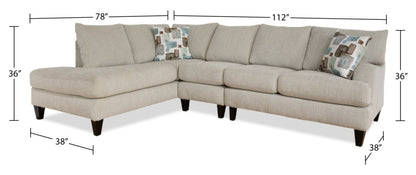 Fabriqué au Canada Sofa sectionnel de gauche Nofia 3 pièces en tissu chenille avec coussins décoratifs et pieds en bois - Beige lin | Canapé sectionnel Nofia 3 pièces orienté à gauche en tissu chenille avec coussins décoratifs et pieds en bois - lin beige