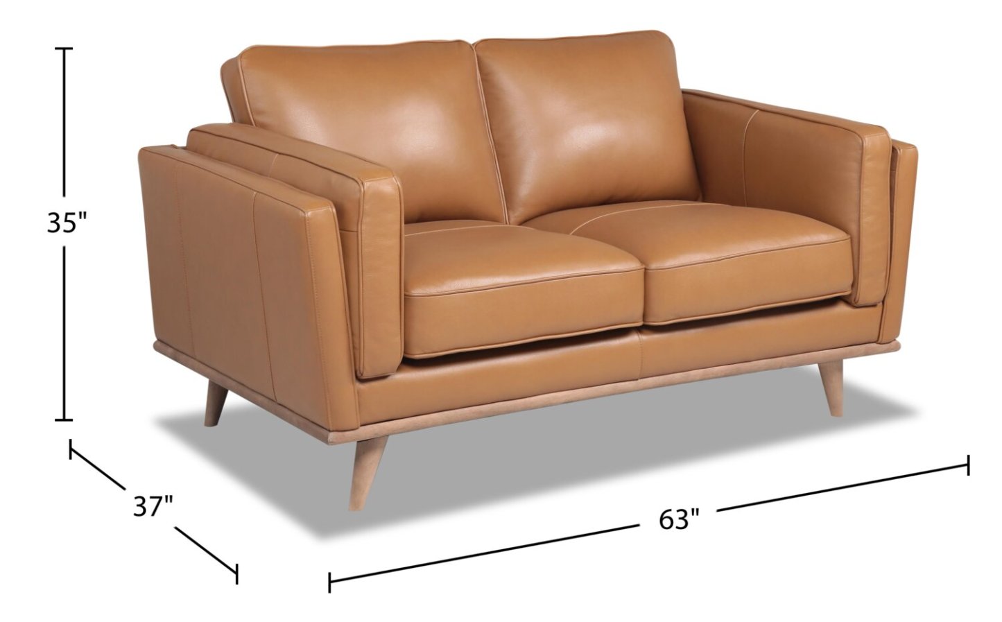 Vivia 63 Causeuse en cuir véritable avec coussins de siège amovibles et pattes en bois - brun caramel