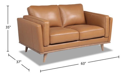 Vivia 63 Causeuse en cuir véritable avec coussins de siège amovibles et pattes en bois - brun caramel