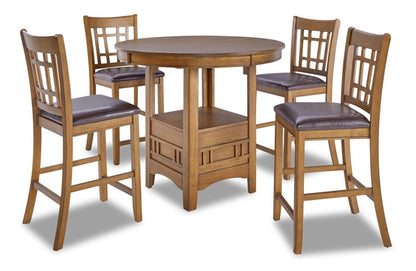 Dena 5pc Counter-Height Dining Set with Table & 4 Chairs, 42-60W Extension, Round  - Oak Brown | Ensemble de salle à manger Dena 5 pièces de hauteur comptoir avec table ronde, rallonge de 42 po à 60 po (L) et 4 chaises - chêne brun