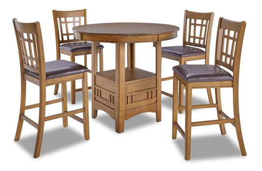 Dena 5pc Counter-Height Dining Set with Table & 4 Chairs, 42-60W Extension, Round  - Oak Brown | Ensemble de salle à manger Dena 5 pièces de hauteur comptoir avec table ronde, rallonge de 42 po à 60 po (L) et 4 chaises - chêne brun