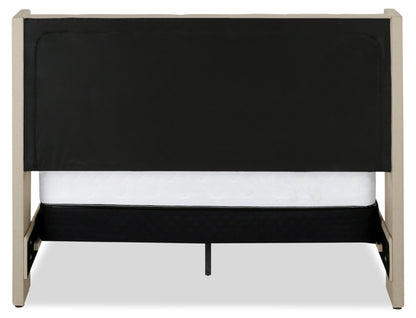 Lit rembourré Zara en tissu d'apparence lin beige - Capitonné à boutons - Taille Queen | Lit rembourré Zara en tissu d'apparence lin beige avec capitonnage à boutons - format grand lit