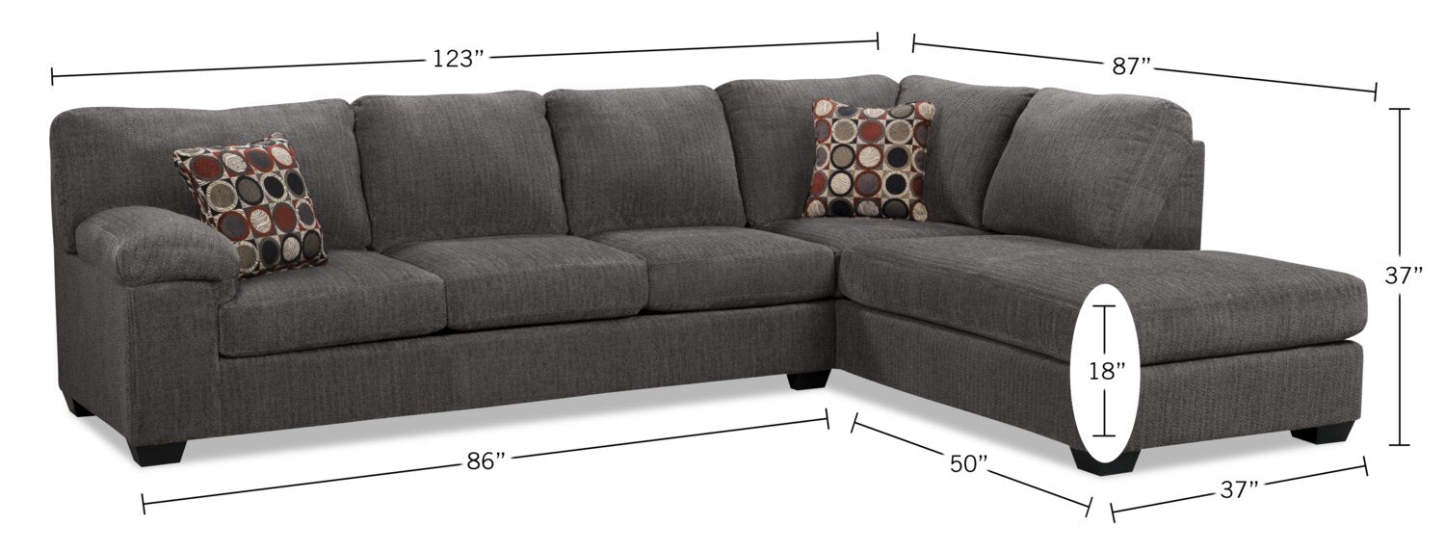 Sofa sectionnel de droite Morty 2 pièces fabriqué au Canada en tissu de chenille avec sofa et coussins décoratifs - gris