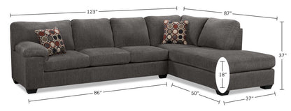 Sofa sectionnel de droite Morty 2 pièces fabriqué au Canada en tissu de chenille avec sofa et coussins décoratifs - gris