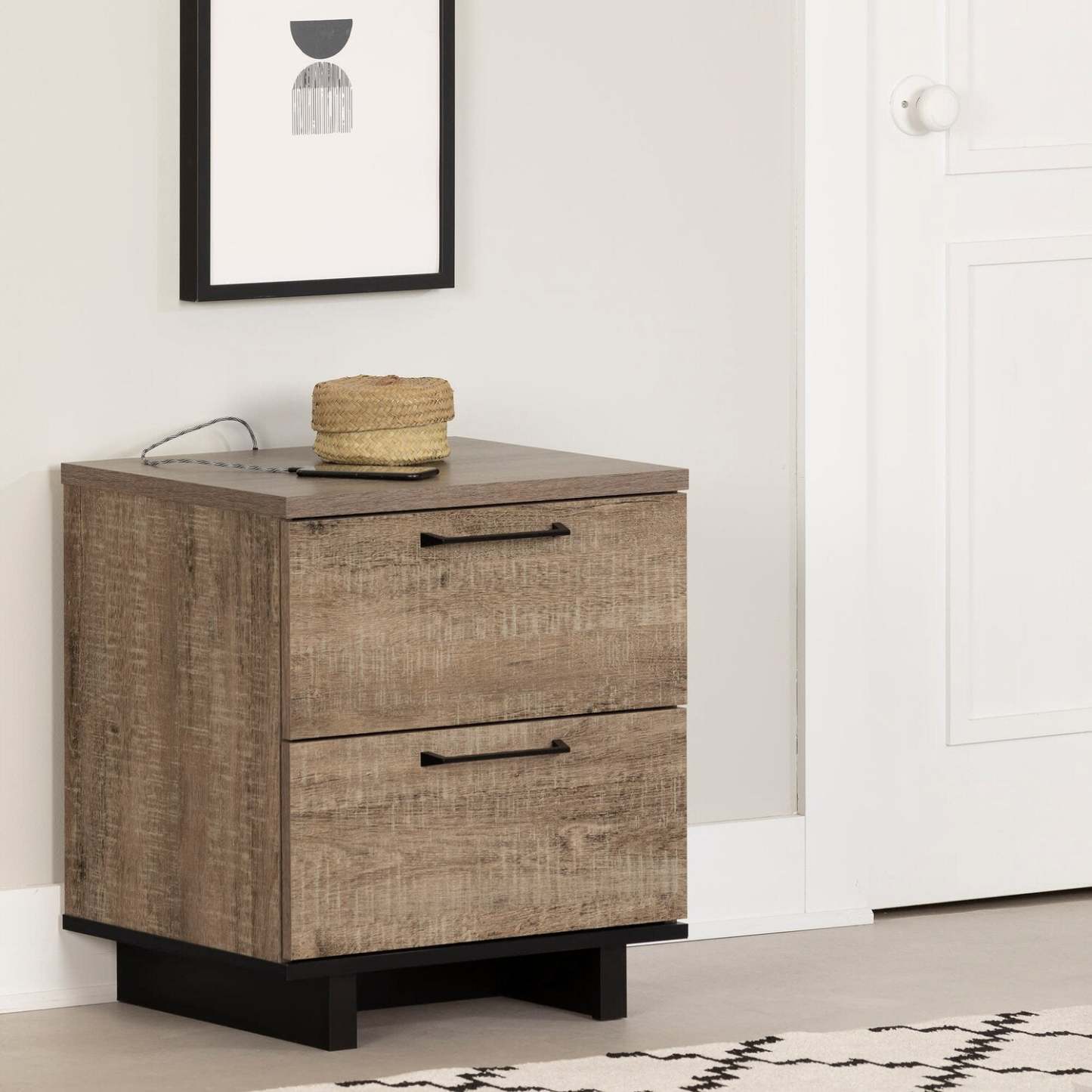 Table de chevet Everley à 2 tiroirs avec ports USB, 19,5 L x 22,5 - Marron | Table de nuit Everley de 19,5 po (L) x 22,5 po à 2 tiroirs avec ports USB - brune