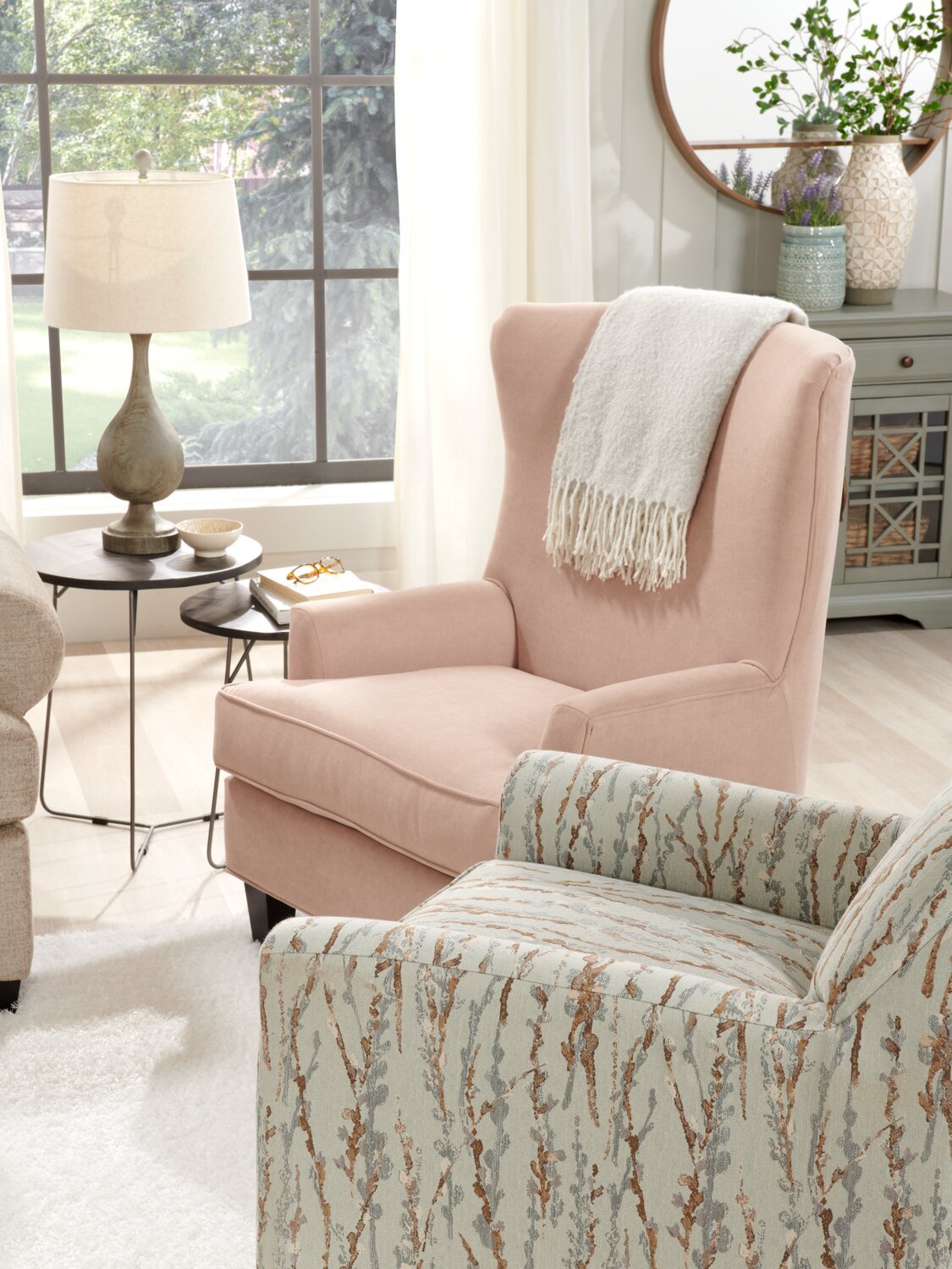 Made in Canada Sofa Lab Fauteuil d’appoint à oreilles personnalisable 32 po en tissu d’apparence lin - rose Pax Rose | Fauteuil d’appoint à oreilles de Sofa Lab de 32 po fabriqué au Canada en tissu d’apparence lin - rose Pax Rose | WING3249