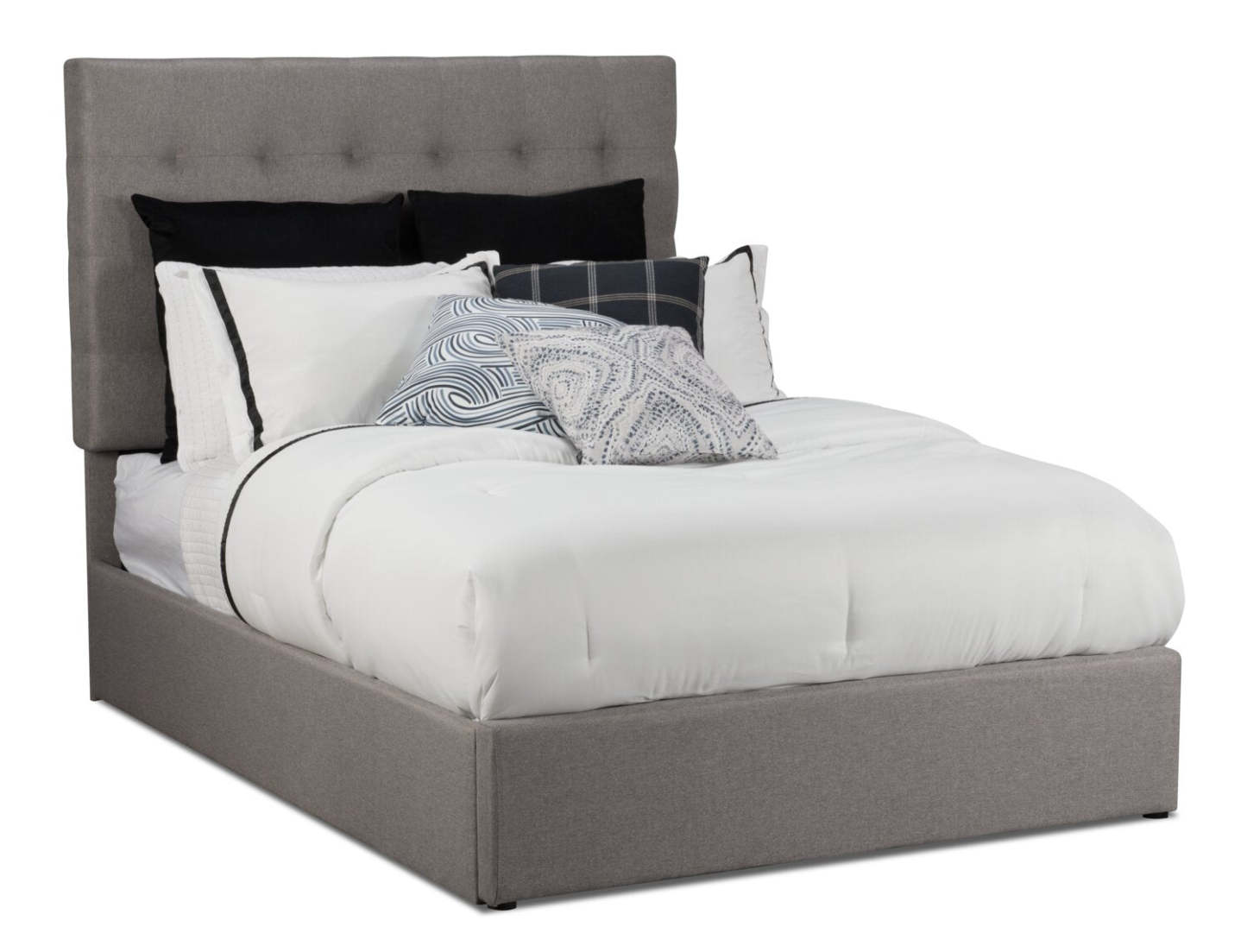 Lit plateforme de rangement rembourré Jace en tissu taupe, capitonné - Pleine grandeur | Lit plateforme rembourré Jace en tissu taupe capitonné avec rangement - format lit double