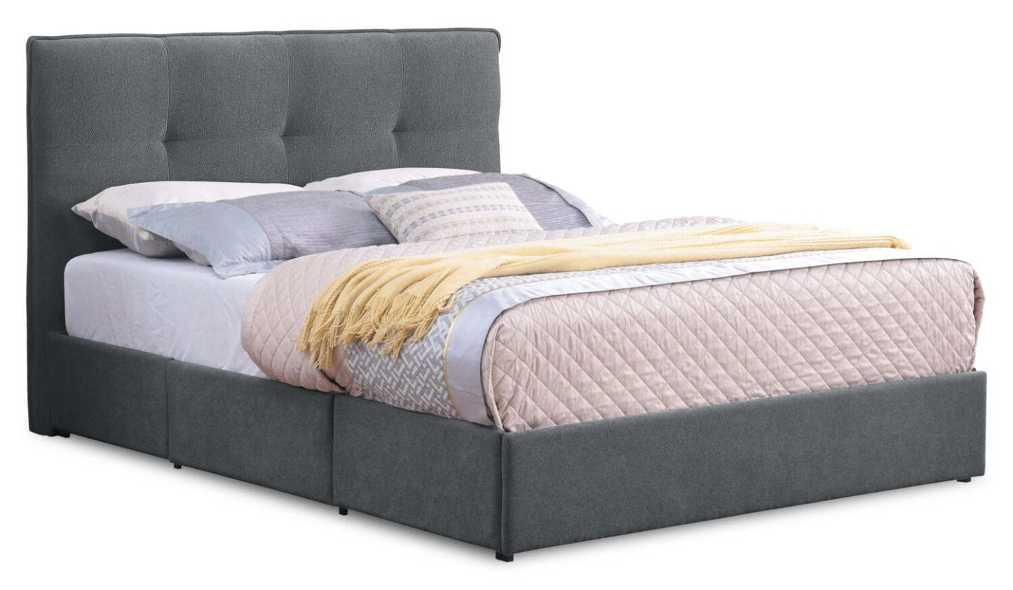 Lit de rangement Amos rembourré en tissu anthracite avec tête de lit capitonnée et 3 tiroirs intégrés - format lit double