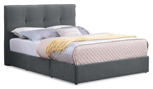 Lit de rangement Amos rembourré en tissu anthracite avec tête de lit capitonnée et 3 tiroirs intégrés - format lit double