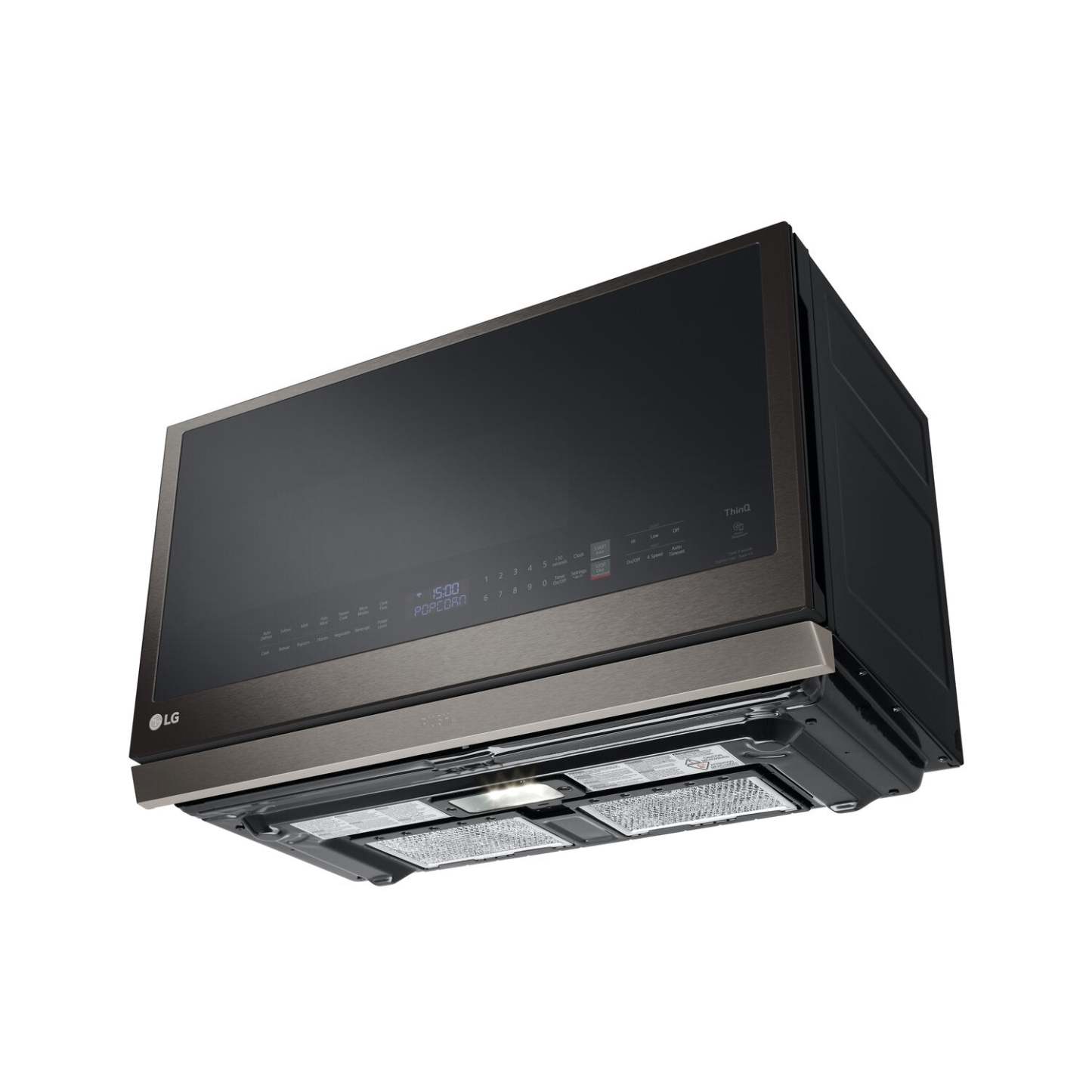 LG 2,1 Cu. Fort. Micro-ondes à grande portée avec ExtendaVent™ et cuisson par capteur - Acier noir anti-taches… | Quatre à micro-ondes à hotte intégrée LG de 2,1 pi³ avec ExtendaVentMC et cuisson par capteur - acier …