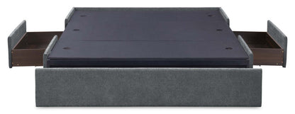 Lit de rangement Amos rembourré en tissu anthracite avec tête de lit capitonnée et 3 tiroirs intégrés - format très grand lit