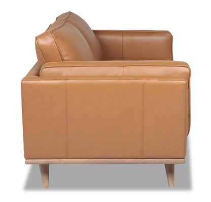 Vivia 63 Causeuse en cuir véritable avec coussins de siège amovibles et pattes en bois - brun caramel