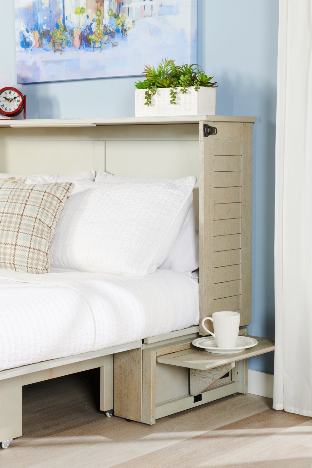 Armoire-lit Parker avec matelas en mousse à mémoire de forme, bois flotté brossé - Taille Queen