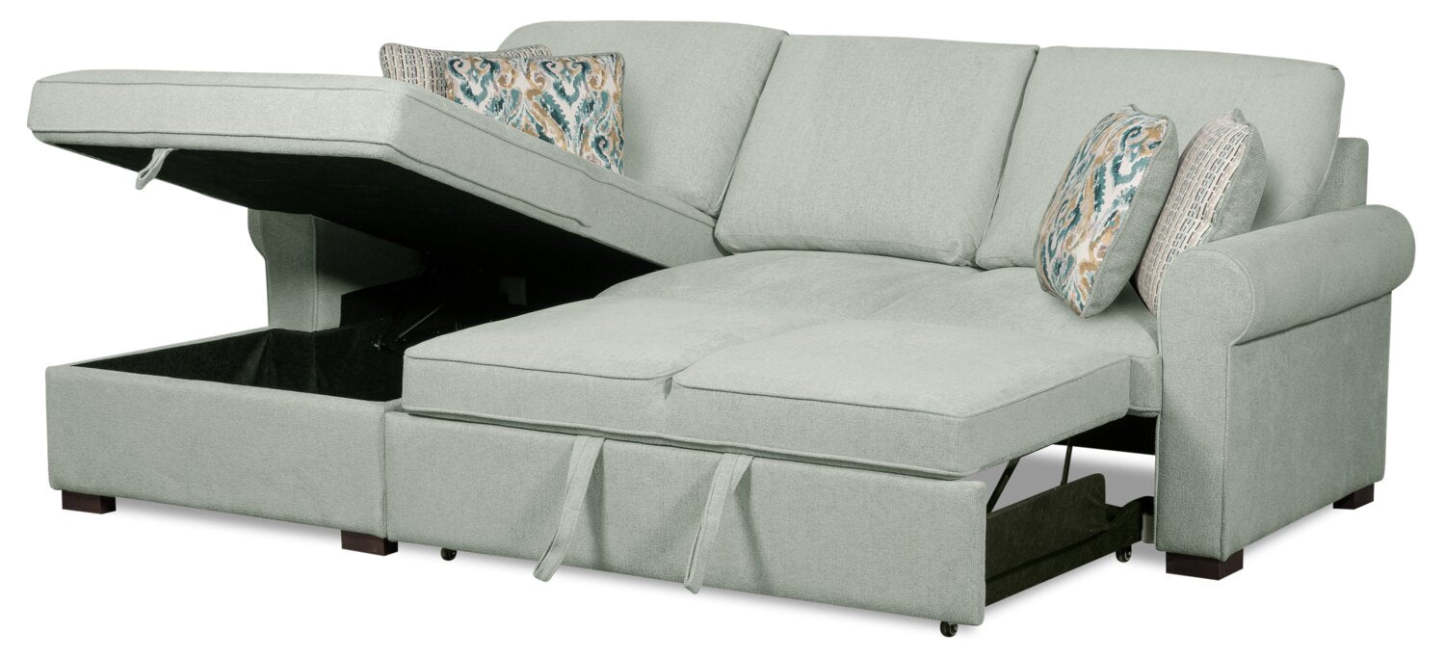 Scott Living Haven 2-Piece Left-Facing Chenille Fabric Sleeper Sectional with Storage Chaise - bleu écume de mer | Sofa-lit sectionnel de gauche Haven de Scott Living 2 pièces en tissu de chenille avec fauteuil long de rangement - bleu écume de mer
