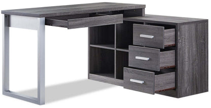 Bureau d'angle réversible Owen 55 avec 4 tiroirs et compartiments - Gris vieilli|Bureau en coin réversible Owen de 55 po à 4 tiroirs et compartiments - gris vieilli