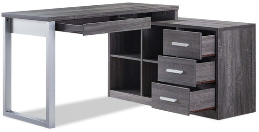 Bureau d'angle réversible Owen 55 avec 4 tiroirs et compartiments - Gris vieilli|Bureau en coin réversible Owen de 55 po à 4 tiroirs et compartiments - gris vieilli