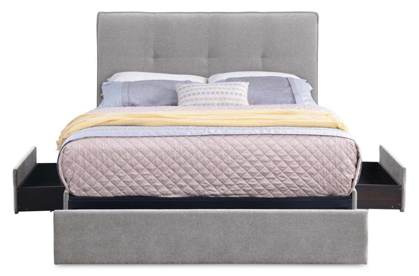 Lit de rangement Amos rembourré en tissu gris avec tête de lit capitonnée et 3 tiroirs intégrés - format grand lit