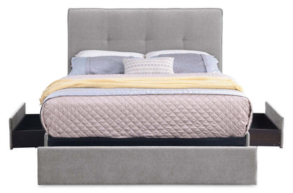 Lit de rangement Amos rembourré en tissu gris avec tête de lit capitonnée et 3 tiroirs intégrés - format grand lit