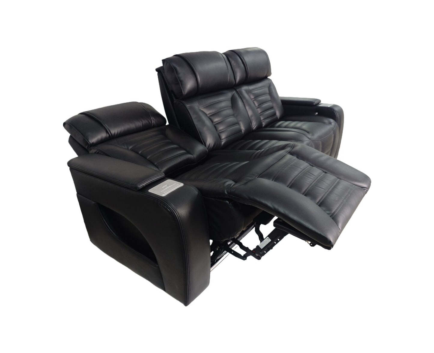 Sofa de massage à inclinaison électrique Zen de 86 po en tissu d’apparence cuir avec appuie-têtes électriques et console rabattable - noir