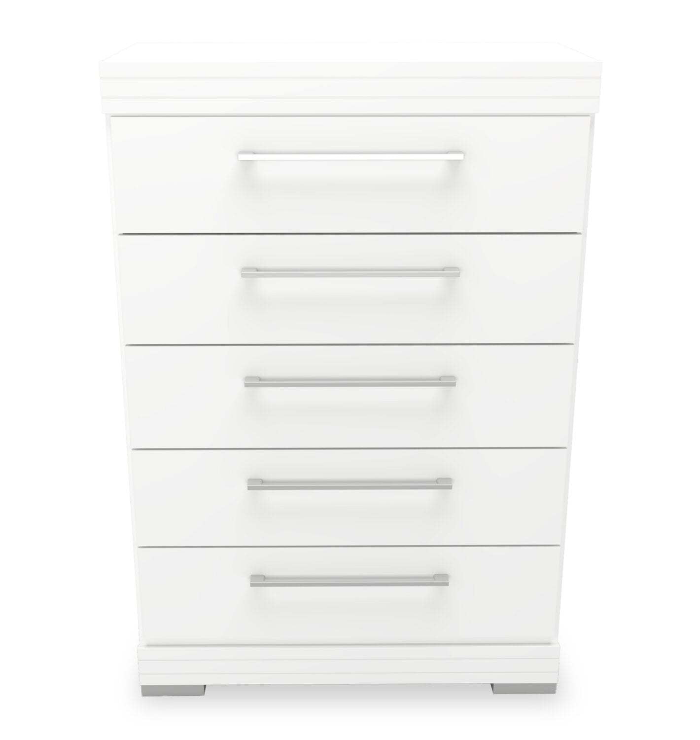 Commode de chambre à coucher Riley, 5 tiroirs, 31 l x 46 h, fabriquée au Canada - Blanc | Commode verticale de chambre à coucher Riley de 31 po (L) x 46 po (H) à 5 tiroirs, fabriquée au Canada - blanche