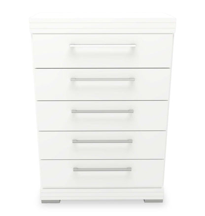 Commode de chambre à coucher Riley, 5 tiroirs, 31 l x 46 h, fabriquée au Canada - Blanc | Commode verticale de chambre à coucher Riley de 31 po (L) x 46 po (H) à 5 tiroirs, fabriquée au Canada - blanche