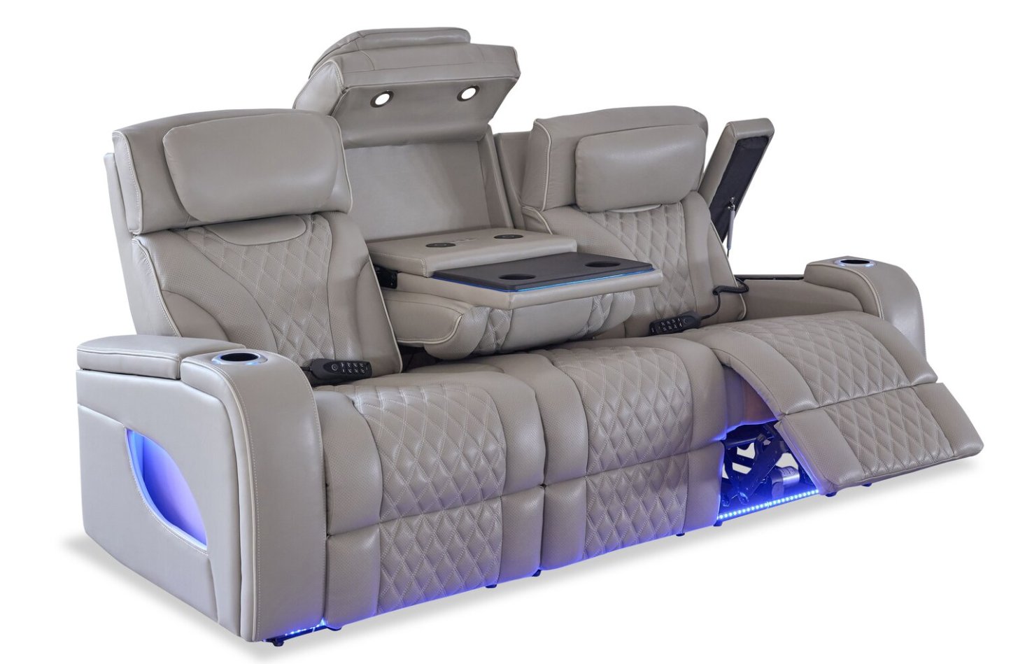 Elite 86 Genuine Leather Massage Power Reclining Sofa with Power Headrests and Storage Arms - Grey | Sofa de massage à inclinaison électrique Elite de 86 po en cuir véritable avec appuie-têtes électriques et accoudoirs de rangement - gris