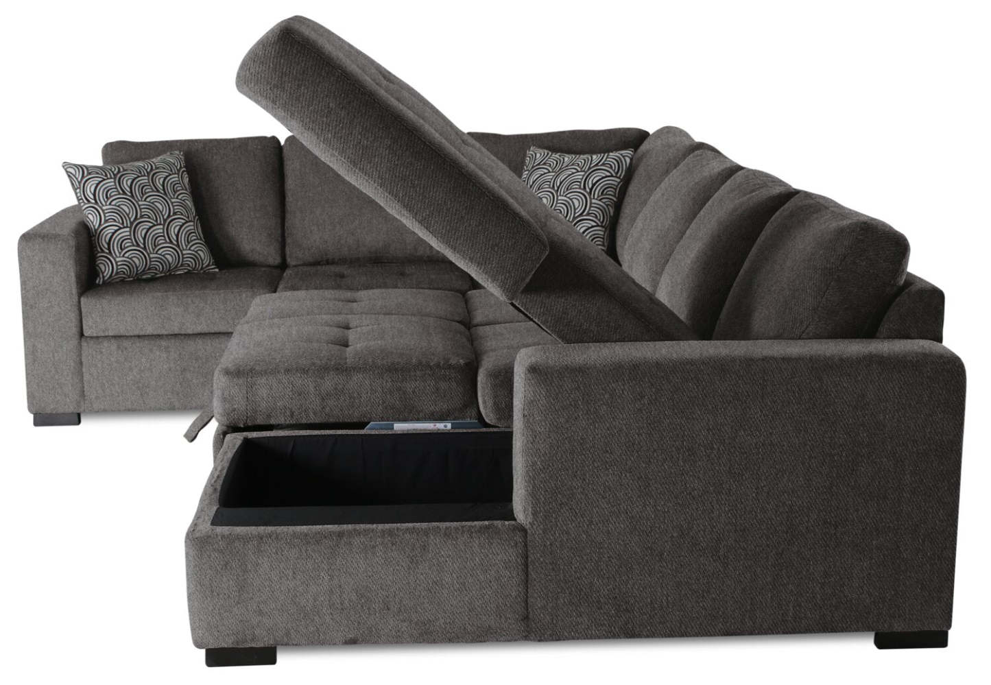 Made in Canada Legend 4-Piece Right-Facing Chenille Fabric Sleeper Sectional with Storage Chaise - Pewter Brown | Canapé-lit sectionnel de droite Legend 4 pièces fabriqué au Canada en tissu de chenille avec chaise longue de rangement - brun étain