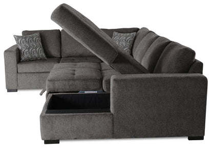 Made in Canada Legend 4-Piece Right-Facing Chenille Fabric Sleeper Sectional with Storage Chaise - Pewter Brown | Canapé-lit sectionnel de droite Legend 4 pièces fabriqué au Canada en tissu de chenille avec chaise longue de rangement - brun étain