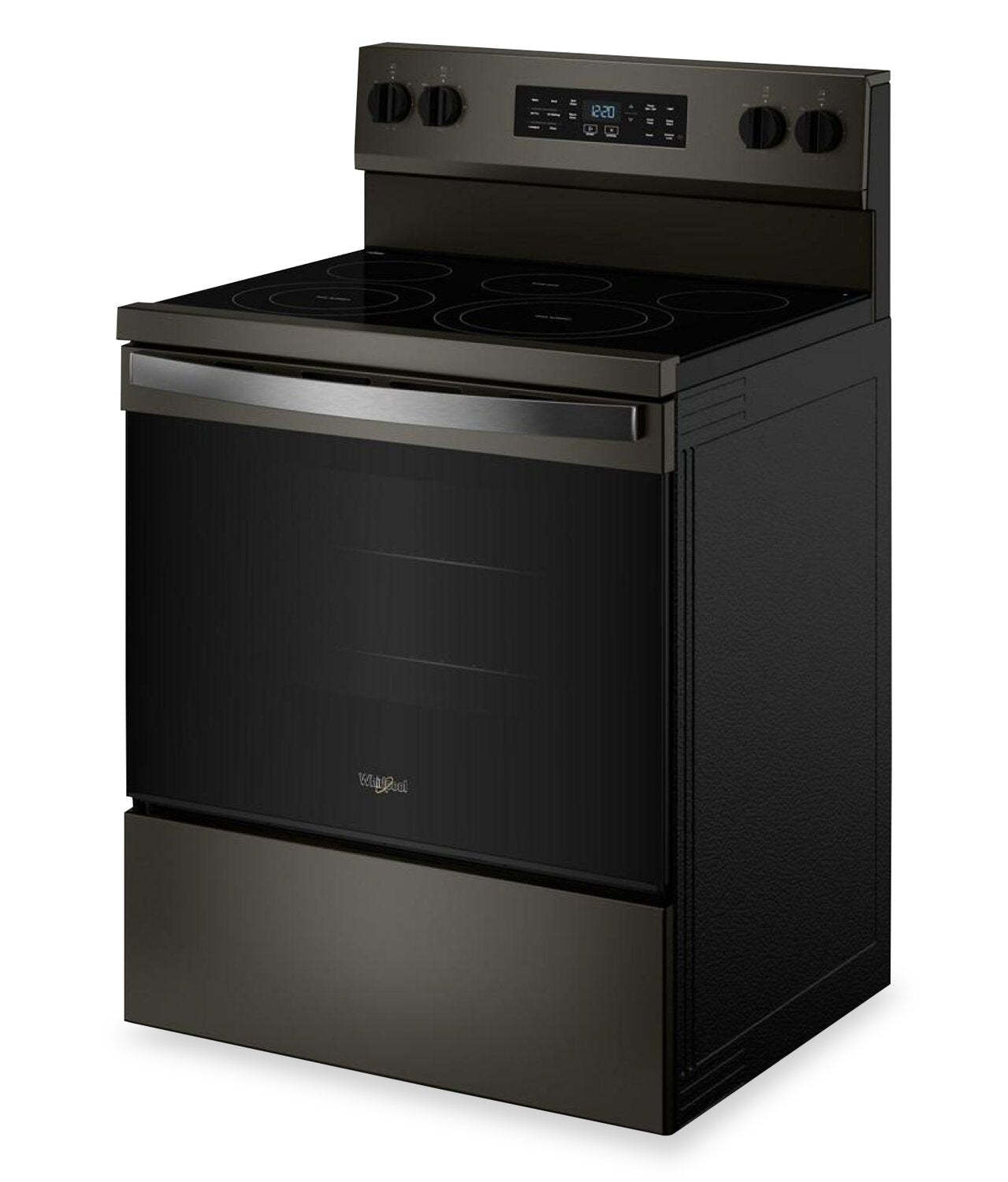 Cuisinière électrique Whirlpool de 5,3 pi3 avec cuisson à air – noir sur acier inoxydable - YWFES5730SV | Bain à remous 5,3 Cu. Fort. Cuisinière électrique avec cuisson à l'air - Noir sur acier inoxydable - YWFES5730SV