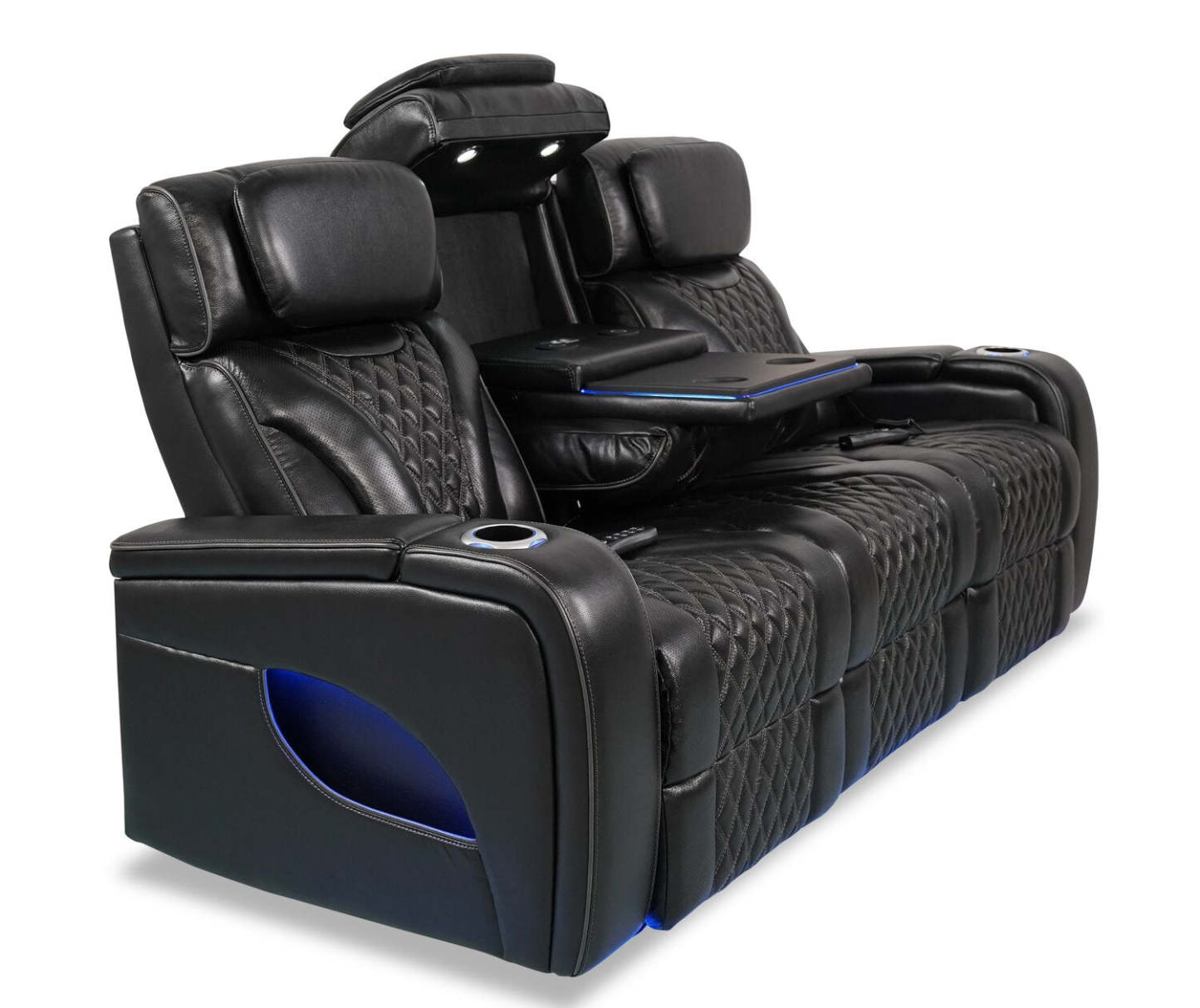 Sofa de massage à inclinaison électrique Elite de 86 po en cuir véritable avec appuie-têtes électriques et accoudoirs de rangement - noir
